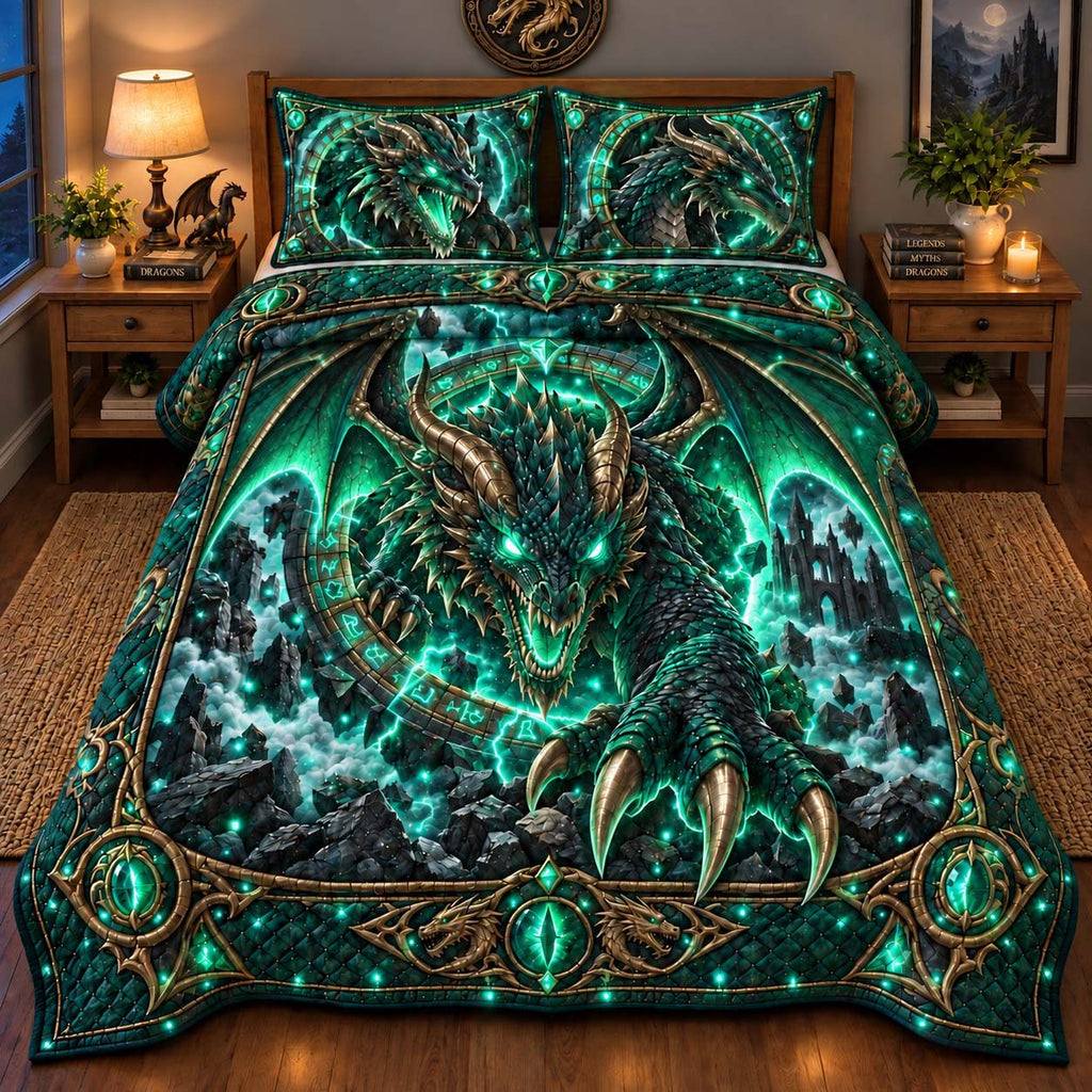 Arcane Dragon quilted 3-piece bedding set on a made bed with two matching pillow shams