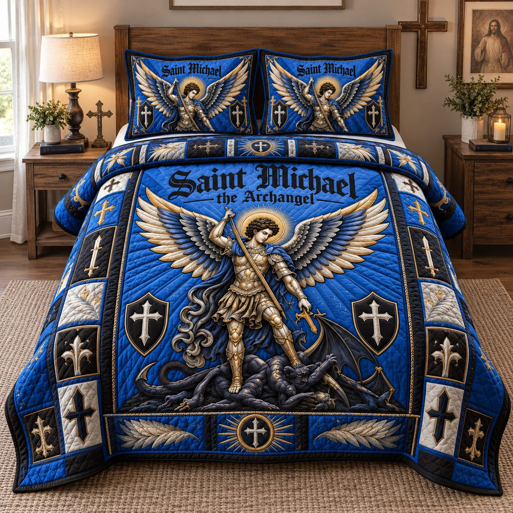 Archangel Of Victory quilted 3-piece bedding set on a made bed in a softly lit bedroom