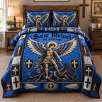 Archangel Of Victory quilted 3-piece bedding set on a made bed in a softly lit bedroom