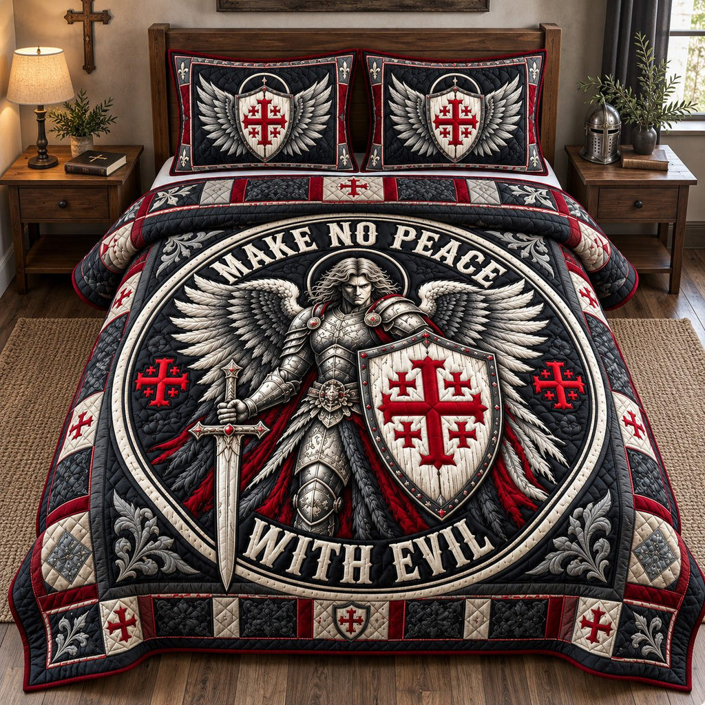 Archangel Shield Make No Peace With Evil quilted 3-piece bedding set on a made bed in a softly lit bedroom
