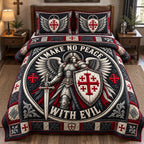 Archangel Shield Make No Peace With Evil quilted 3-piece bedding set on a made bed in a softly lit bedroom
