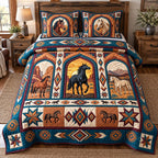 Arched Window Tribal Horses quilted 3-piece bedding set on a made bed in a rustic timber bedroom