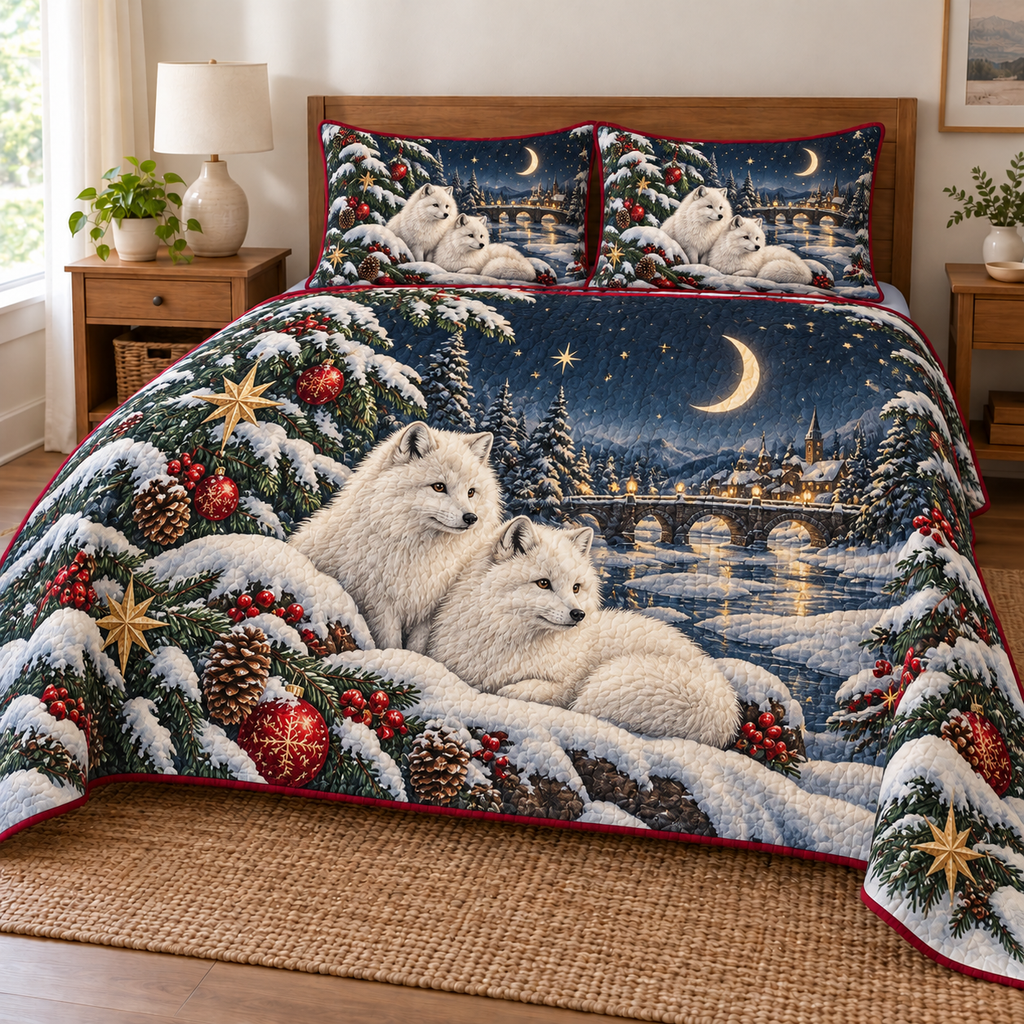 Arctic Fox Moon Bridge printed Christmas quilt and two matching pillow shams; design mockup showing a flat printed depth effect.