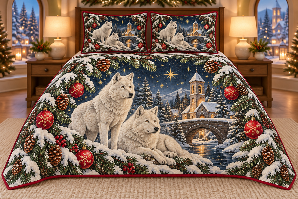 Arctic Wolf Winter Bell Tower printed Christmas quilt and two matching pillow shams; design mockup showing a flat printed depth effect.