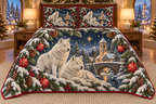 Arctic Wolf Winter Bell Tower printed Christmas quilt and two matching pillow shams; design mockup showing a flat printed depth effect.