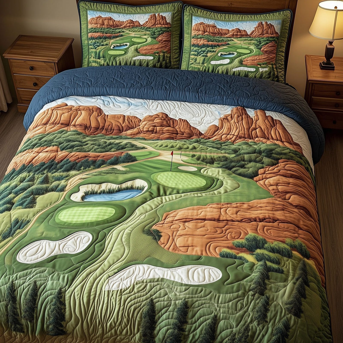 Arizona Golf Dream 3-Piece Quilted Bedding Set GFTOHD7769 quilted 3-piece bedding set on a made bed with two matching pillow shams