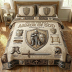 Armor Of God 3-Piece Quilted Bedding Set GFTONMU1133 quilted 3-piece bedding set on a made bed in a softly lit bedroom