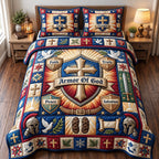 Armor Of God Crest quilted 3-piece bedding set on a made bed in a softly lit bedroom
