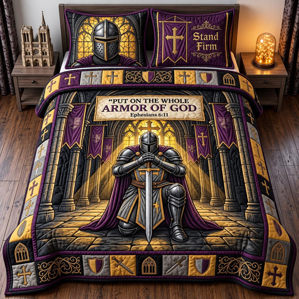 Armor Of God quilted 3-piece bedding set on a made bed in a softly lit bedroom