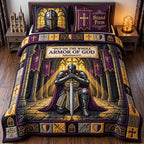 Armor Of God quilted 3-piece bedding set on a made bed in a softly lit bedroom