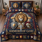Armor Of God quilted 3-piece bedding set on a made bed in a softly lit bedroom