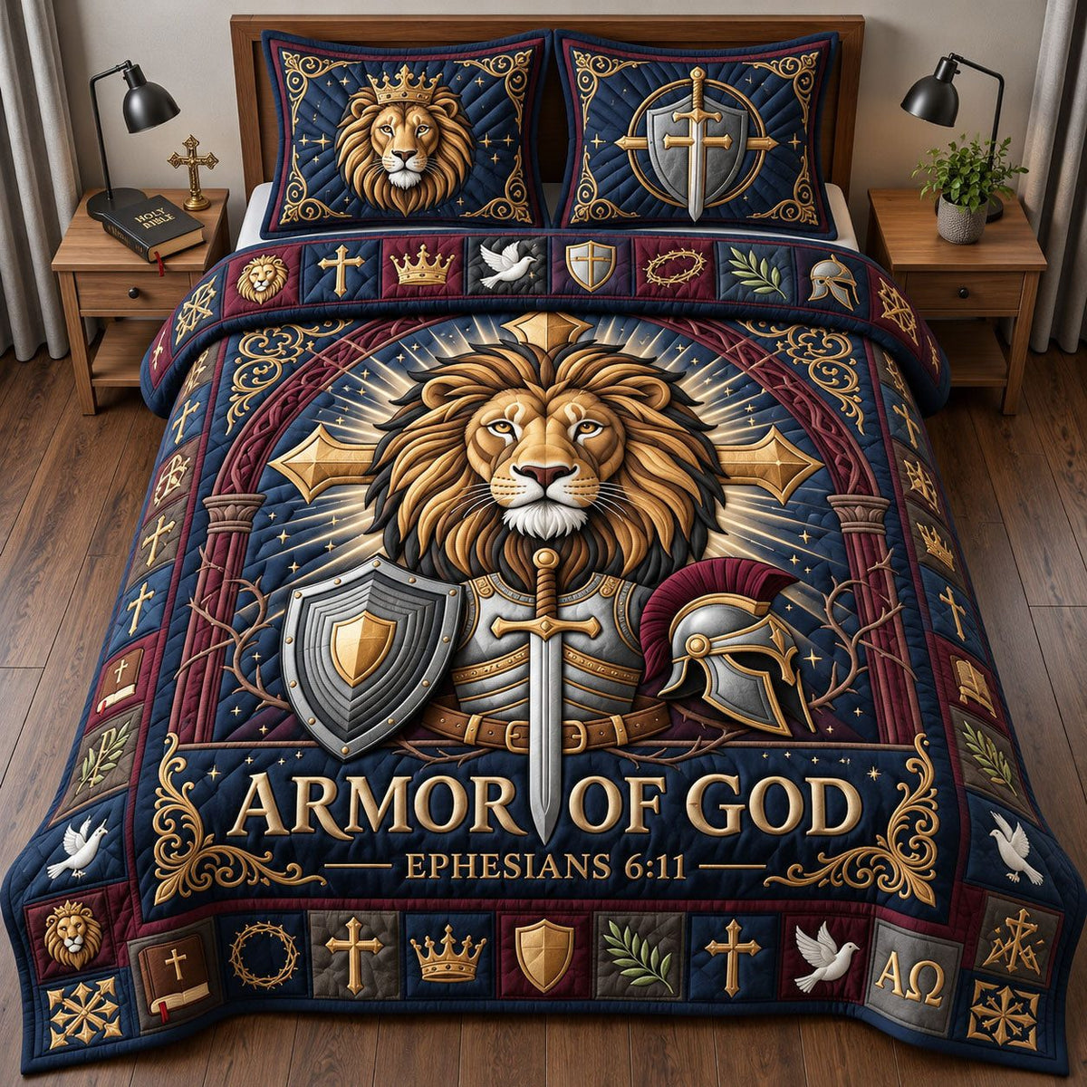 Armor Of God quilted 3-piece bedding set on a made bed in a softly lit bedroom