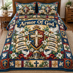 Armor Of God Shield quilted 3-piece bedding set on a made bed in a softly lit bedroom