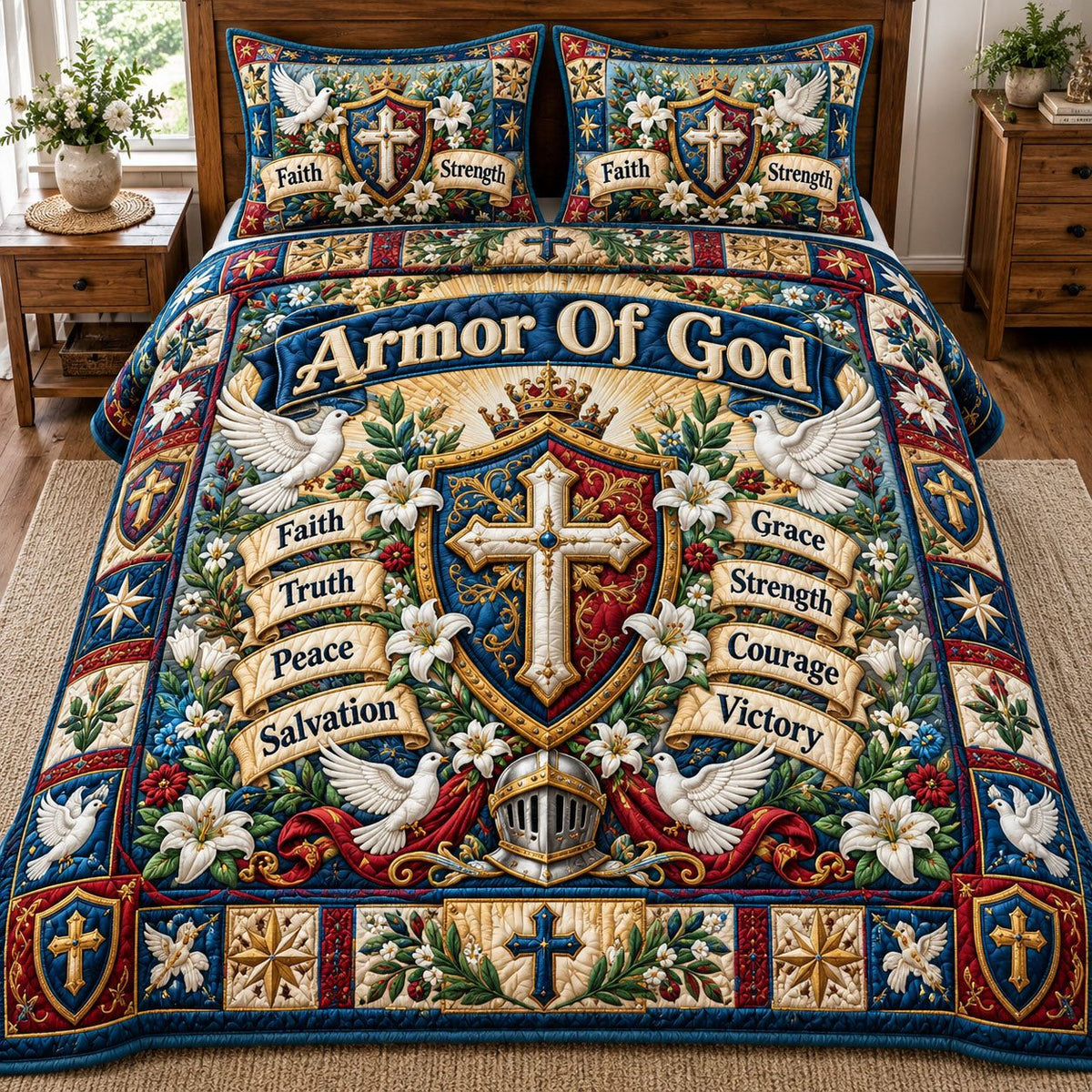 Armor Of God Shield quilted 3-piece bedding set on a made bed in a softly lit bedroom