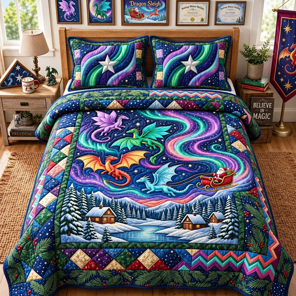 Aurora Dragon Flight quilted 3-piece bedding set on a made bed with two matching pillow shams