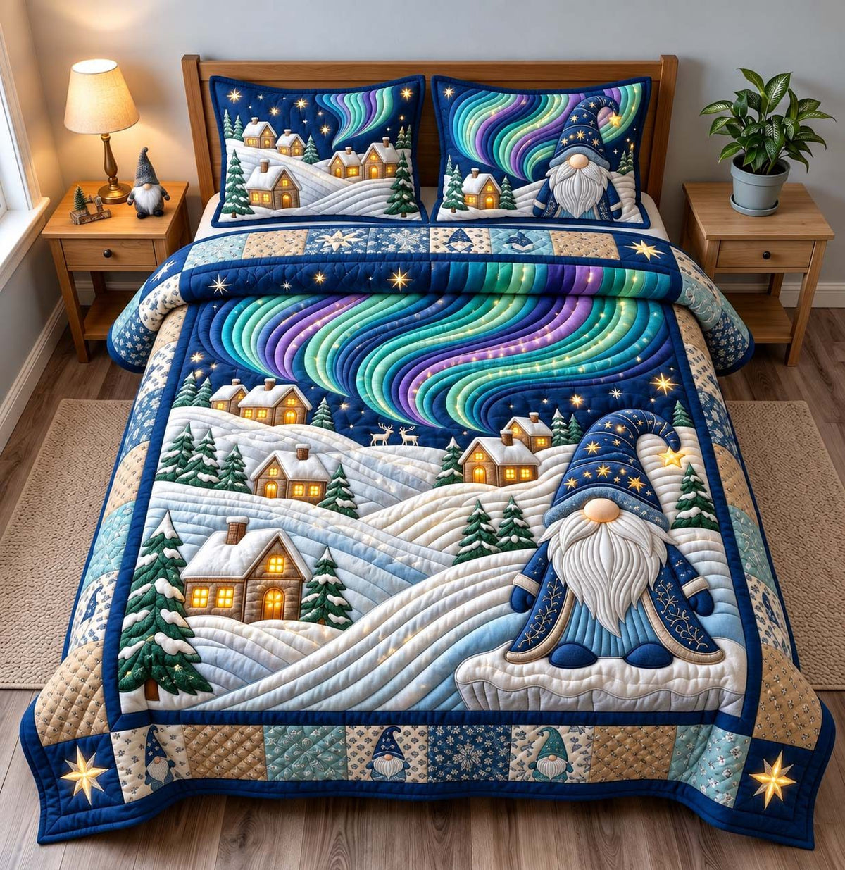 Aurora Gnome Night quilted 3-piece bedding set on a made bed with two matching pillow shams