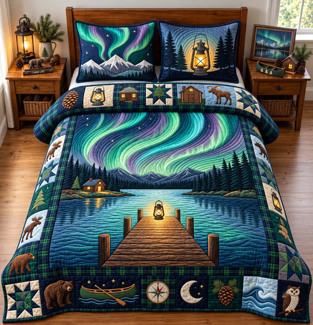 Aurora Lake quilted 3-piece bedding set on a made bed with two matching pillow shams