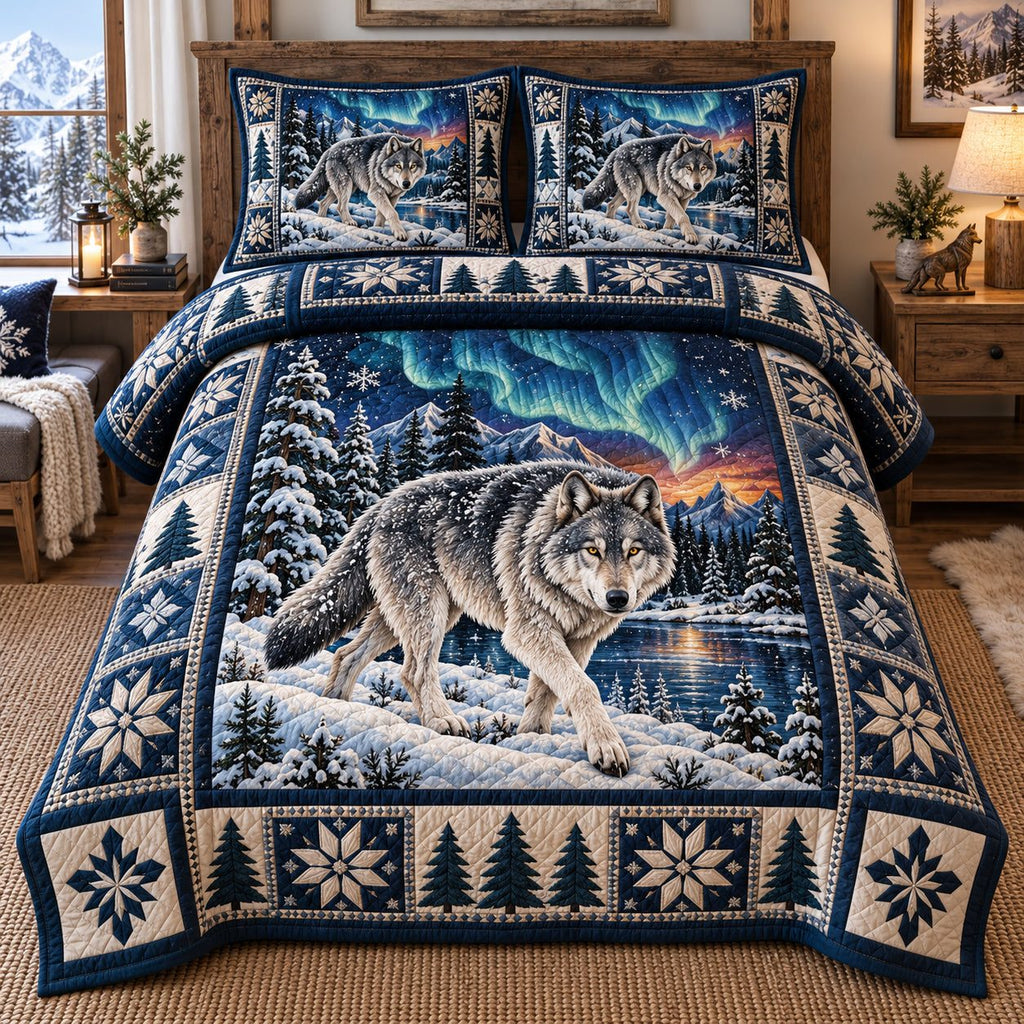 Aurora Night Wolf quilted 3-piece bedding set on a made bed with two matching pillow shams