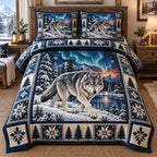 Aurora Night Wolf quilted 3-piece bedding set on a made bed with two matching pillow shams