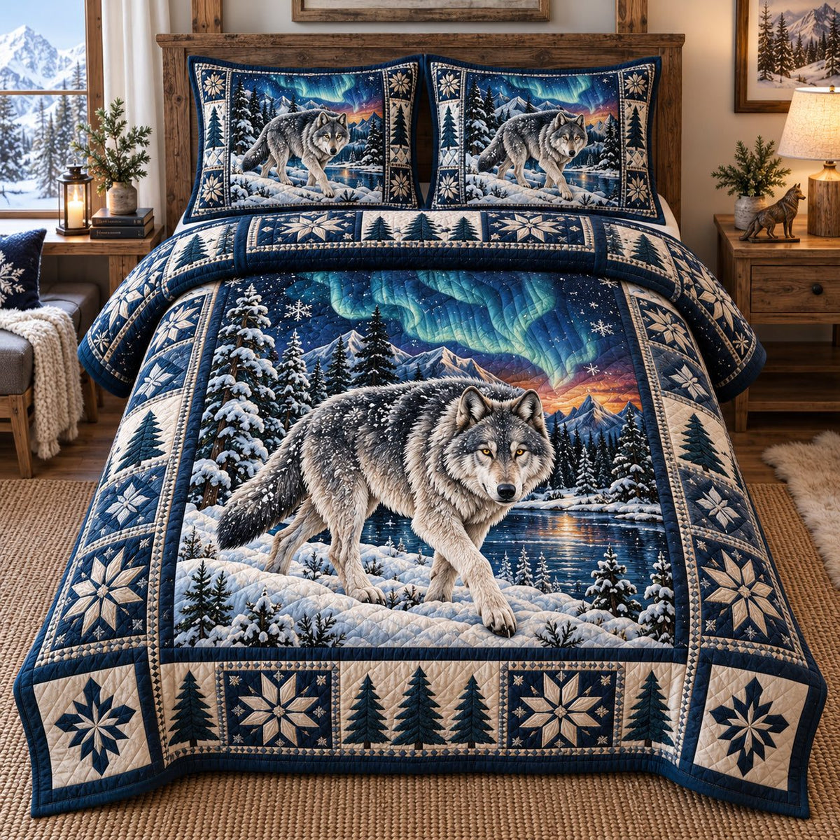 Aurora Night Wolf quilted 3-piece bedding set on a made bed with two matching pillow shams