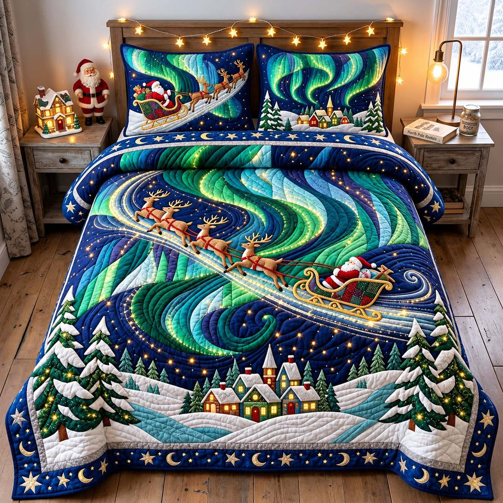 Aurora Sleigh Northern Lights Christmas quilted 3-piece bedding set on a made bed in a winter-styled bedroom
