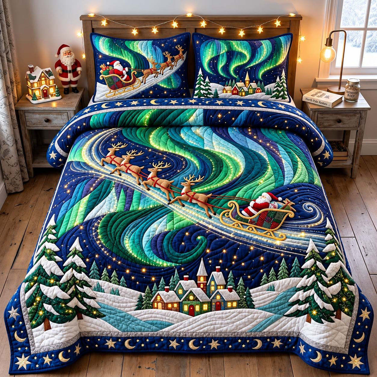 Aurora Sleigh Northern Lights Christmas quilted 3-piece bedding set on a made bed in a winter-styled bedroom