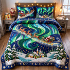Aurora Sleigh Northern Lights Christmas quilted 3-piece bedding set on a made bed in a winter-styled bedroom