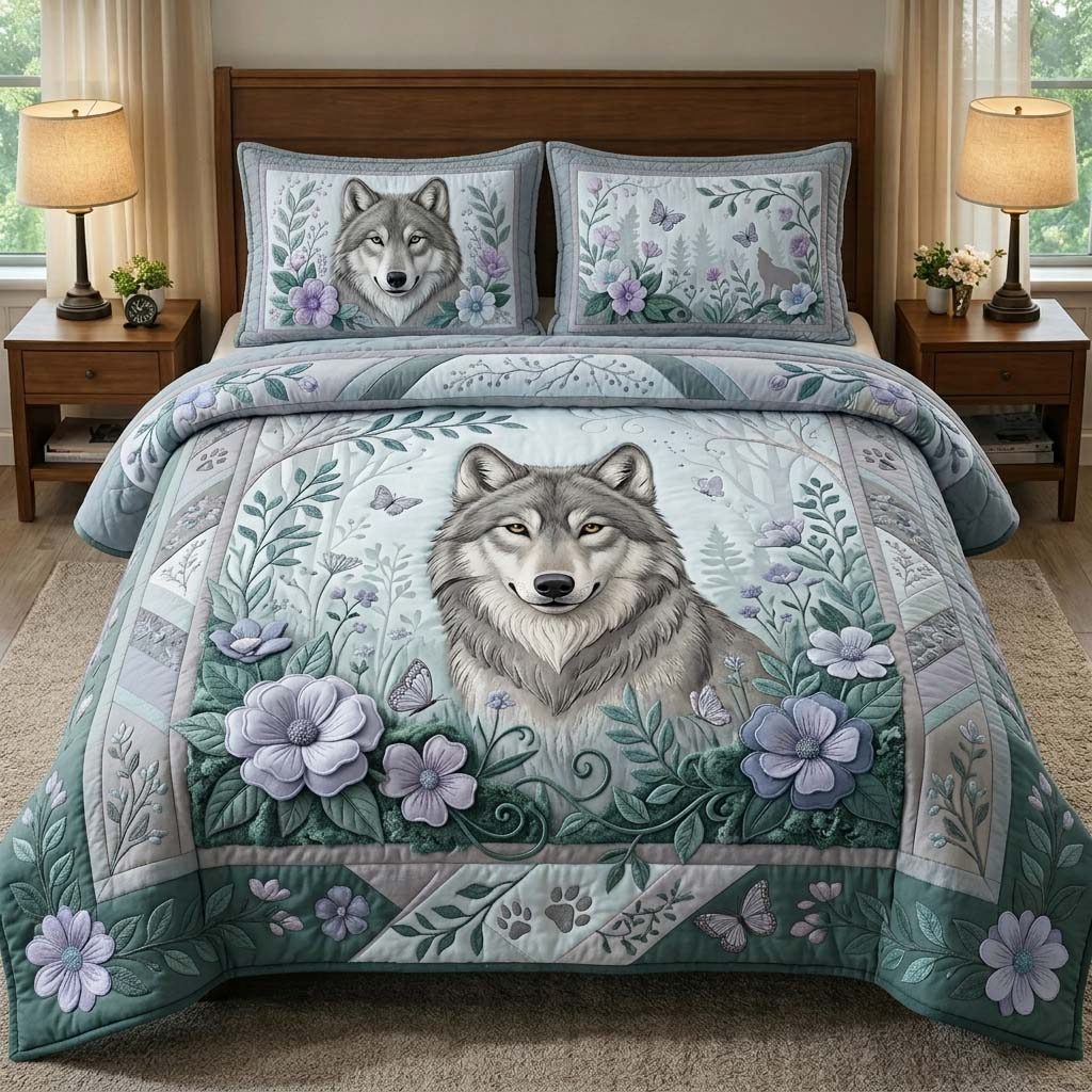 Aurora Wolves 3-Piece Quilted Bedding Set GDTONTD313 quilted 3-piece bedding set on a made bed with two matching pillow shams