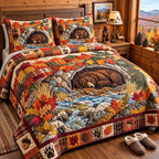 Autumn Bear Cave quilted 3-piece bedding set on a made bed with two matching pillow shams
