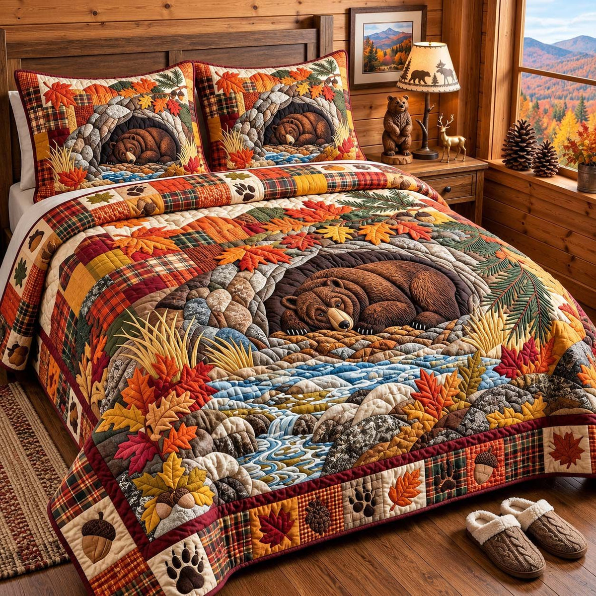 Autumn Bear Cave quilted 3-piece bedding set on a made bed with two matching pillow shams