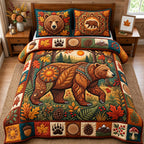 Autumn Boho Bear quilted 3-piece bedding set on a made bed with two matching pillow shams