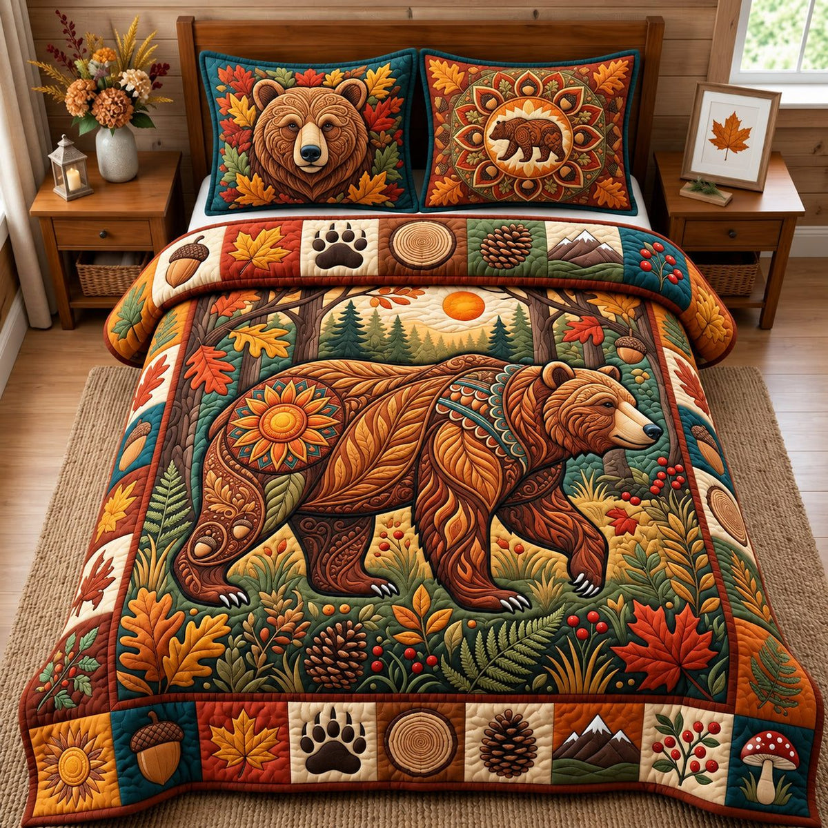 Autumn Boho Bear quilted 3-piece bedding set on a made bed with two matching pillow shams