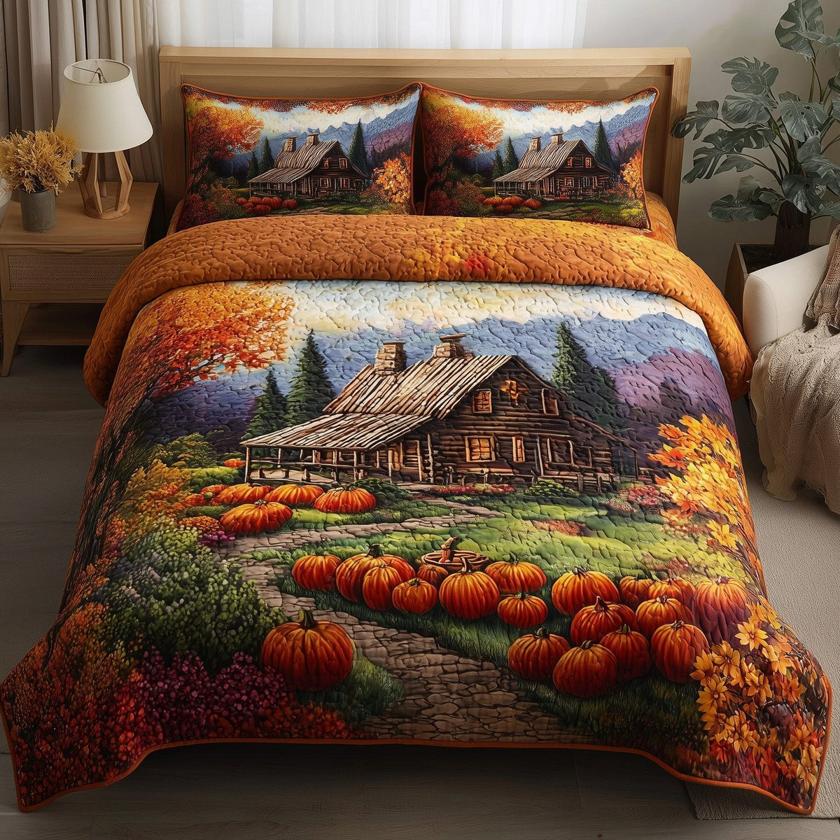 Autumn Cabin Glow 3-Piece Quilted Bedding Set GFTOTP11391 quilted 3-piece bedding set on a made bed with two matching pillow shams