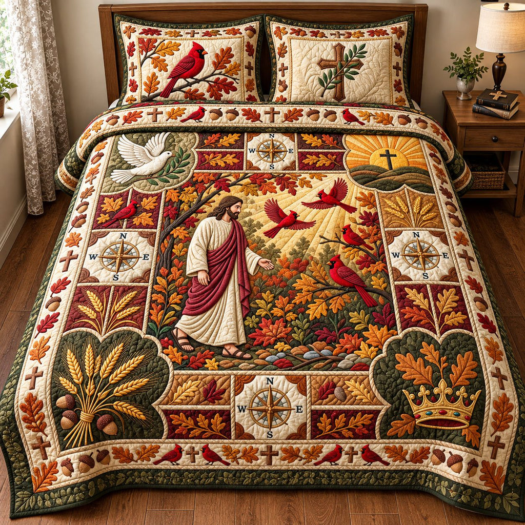 Autumn Cardinals quilted 3-piece bedding set on a made bed with two matching pillow shams