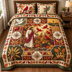 Autumn Cardinals quilted 3-piece bedding set on a made bed with two matching pillow shams