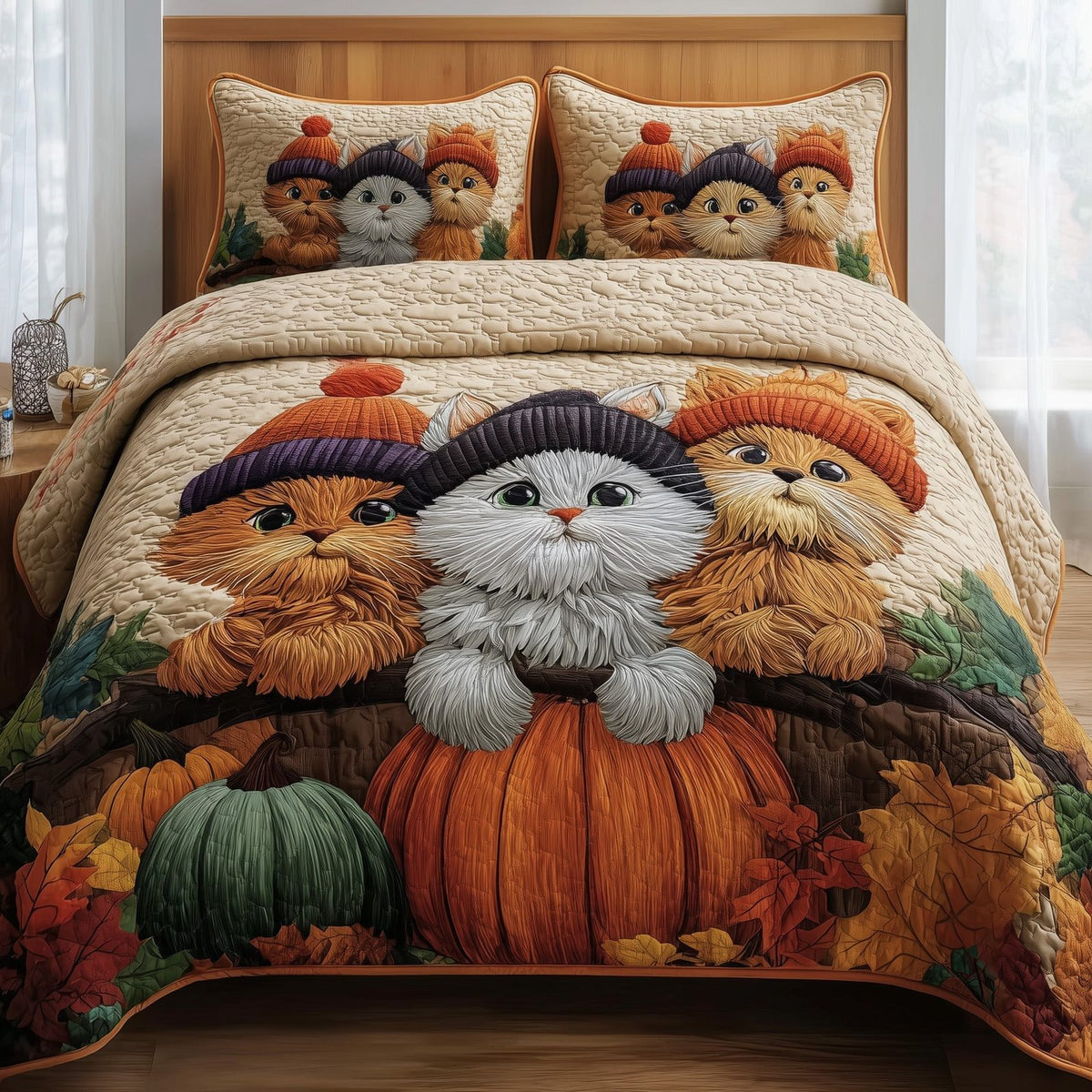 Autumn Cat Cottage 3-Piece Quilted Bedding Set GFTOTP10952 quilted 3-piece bedding set on a made bed in a farmhouse bedroom