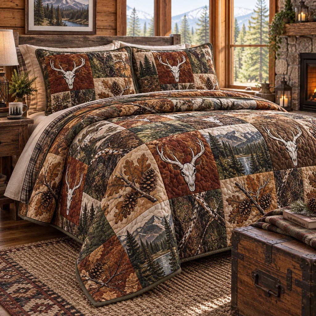 Autumn Deer Lodge quilted 3-piece bedding set on a made bed with two matching pillow shams