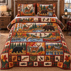 Autumn Duck Bear Hunting quilted 3-piece bedding set on a made bed with two matching pillow shams