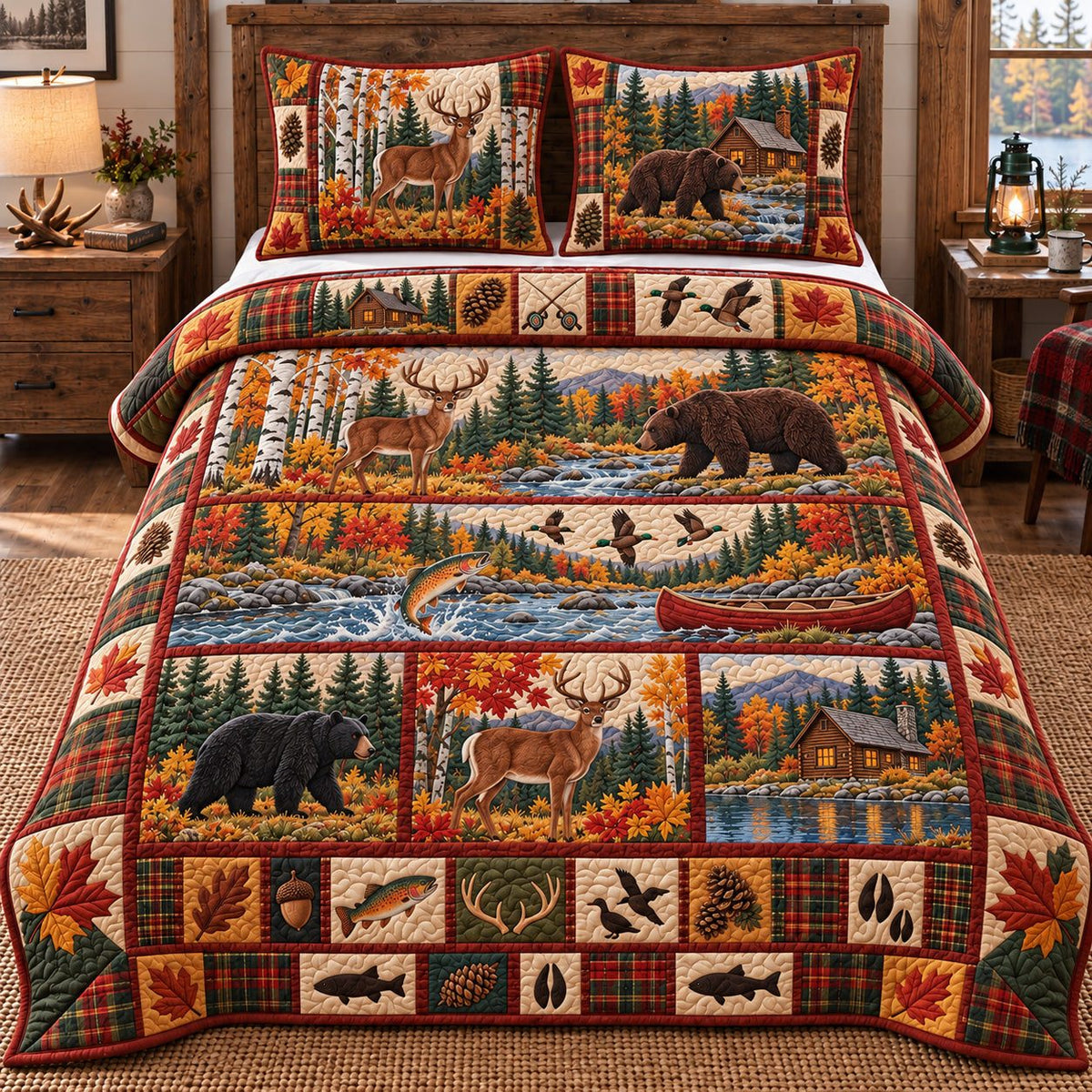 Autumn Duck Bear Hunting quilted 3-piece bedding set on a made bed with two matching pillow shams