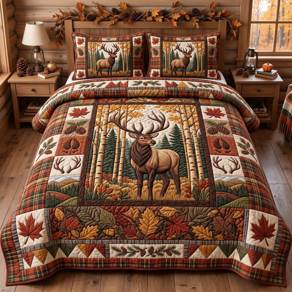 Autumn Elk Aspen Rustic quilted 3-piece bedding set on a made bed in a farmhouse bedroom