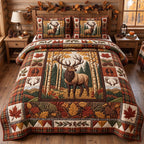 Autumn Elk Aspen Rustic quilted 3-piece bedding set on a made bed in a farmhouse bedroom