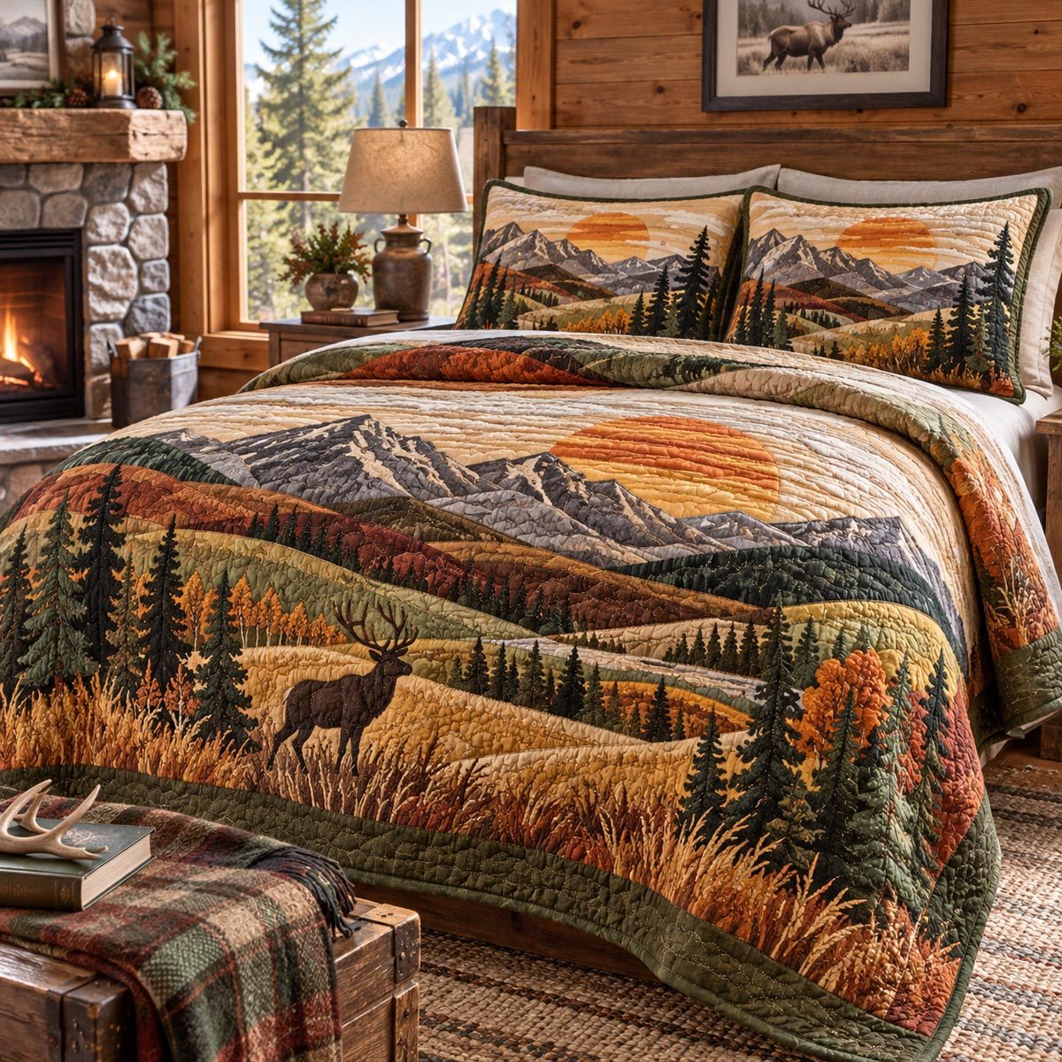 Autumn Elk Valley quilted 3-piece bedding set on a made bed with two matching pillow shams
