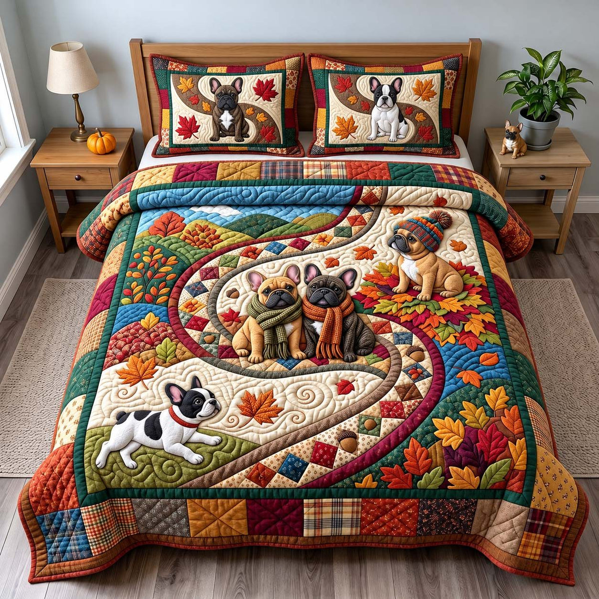Autumn Frenchie Trail quilted 3-piece bedding set on a made bed with two matching pillow shams