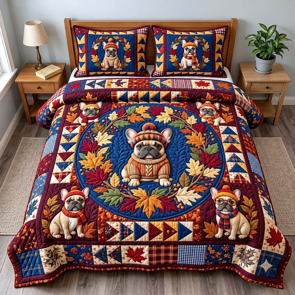 Autumn Frenchie Wreath quilted 3-piece bedding set on a made bed with two matching pillow shams
