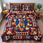 Autumn Frenchie Wreath quilted 3-piece bedding set on a made bed with two matching pillow shams