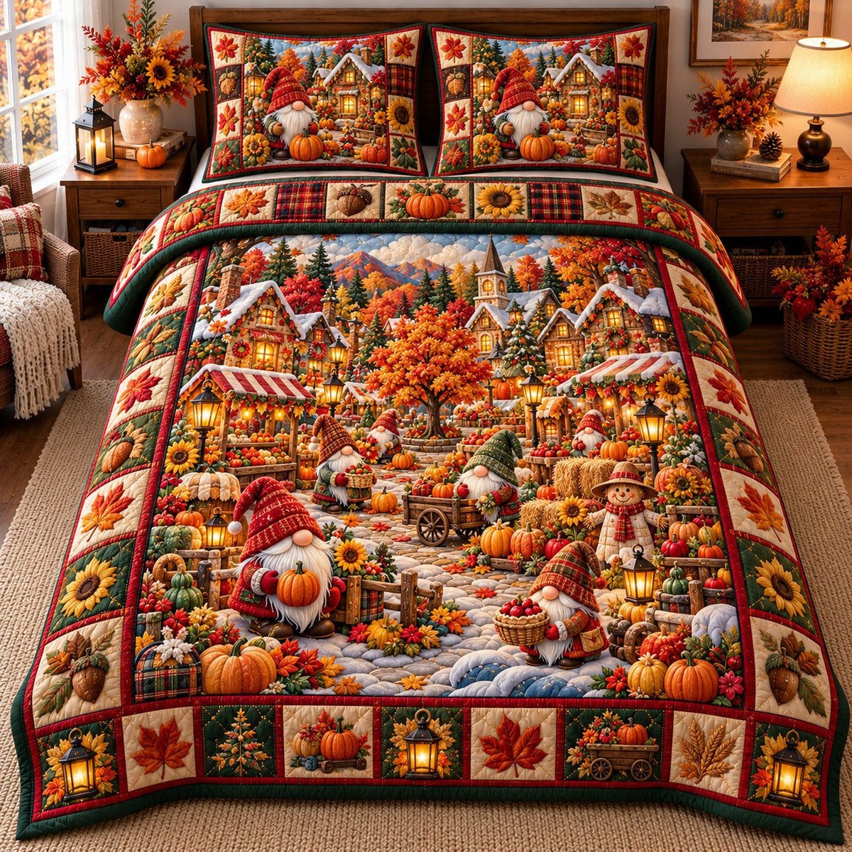 Autumn Harvest Gnome Village quilted 3-piece bedding set on a made bed with two matching pillow shams