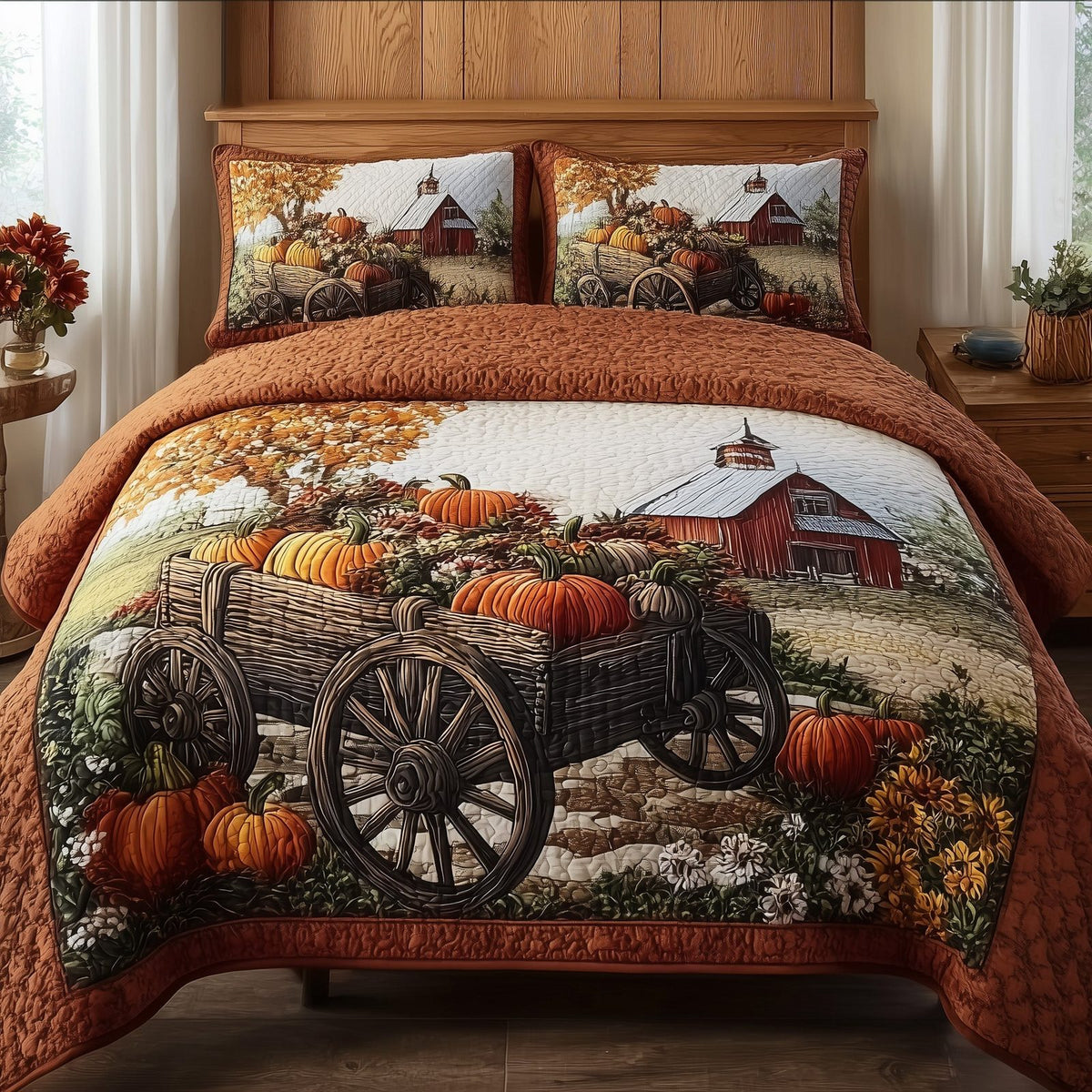 Autumn Haven 3-Piece Quilted Bedding Set GFTOTP10534 quilted 3-piece bedding set on a made bed with two matching pillow shams