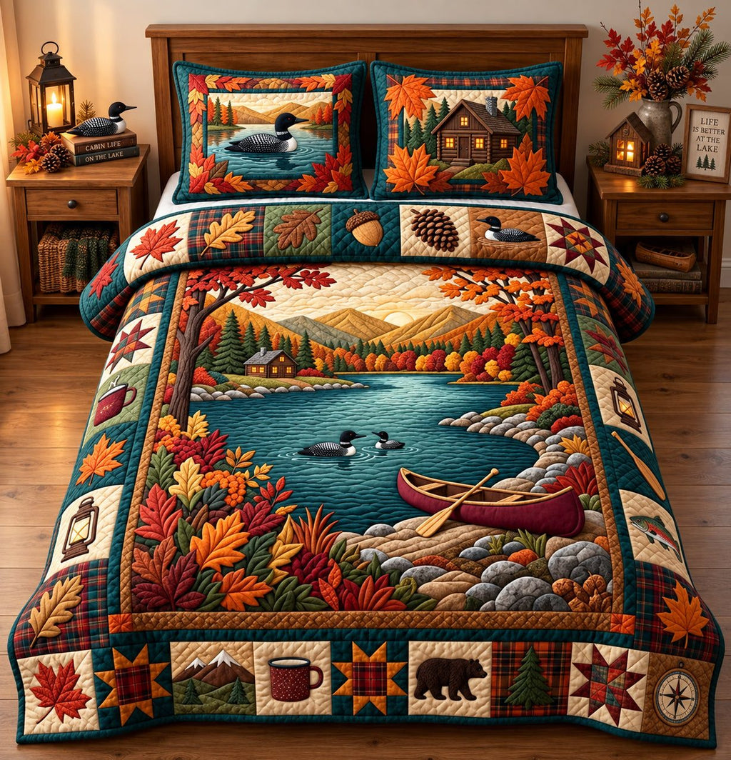 Autumn Lakeside quilted 3-piece bedding set on a made bed with two matching pillow shams