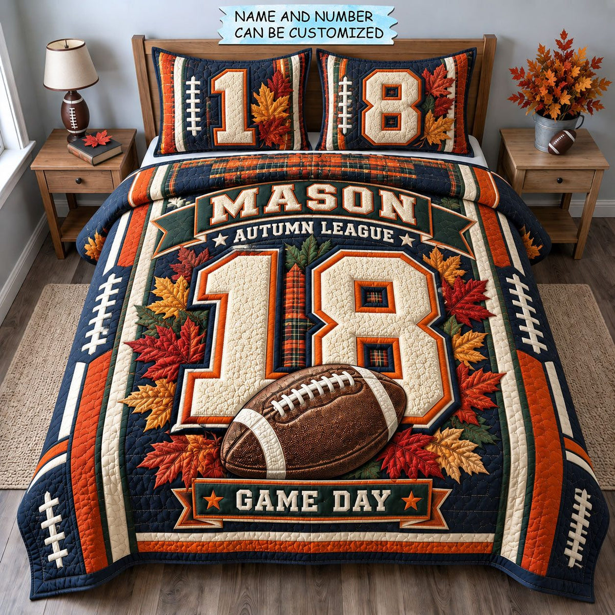 Autumn League 3-Piece Quilted Bedding Set QTCUZ quilted 3-piece bedding set on a made bed with two matching pillow shams