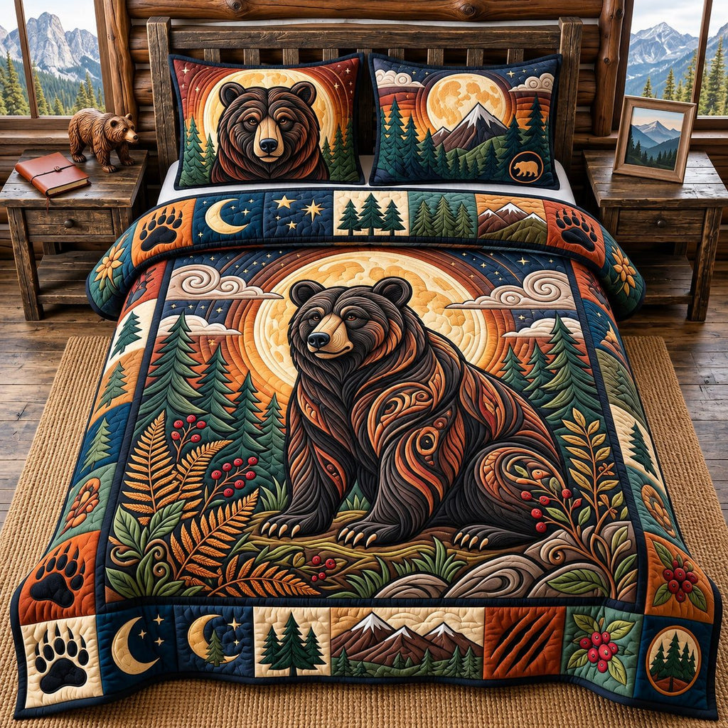 Autumn Moon Bear quilted 3-piece bedding set on a made bed with two matching pillow shams